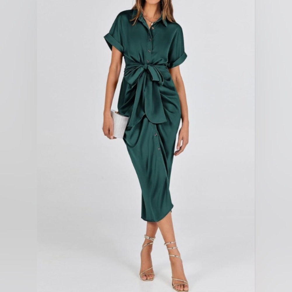 Elegant Green Stretch Satin Midi Shirt. Dress - Picture 3 of 6
